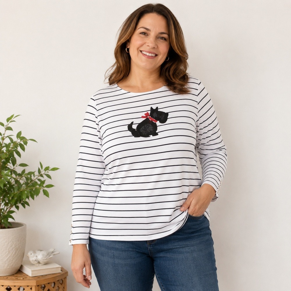 Charter Club Woman‎ 2X Scottie Dog Top Black White Stripe Beaded Graphic Shirt